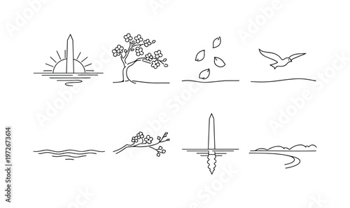 "Sunrise with Cherry Blossoms and Washington Monument". Minimalistic set one-line drawing rising sun behind
