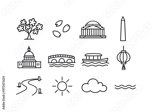 Washington DC cherry blossom festival. Line outline icon set of Washington DC cherry blossom festival: cherry
