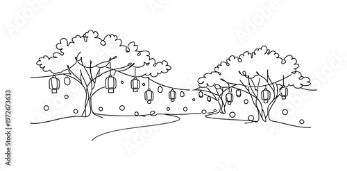 "Sakura Illumination Festival Night". Minimalistic one-line drawing cherry blossom trees lit by festival