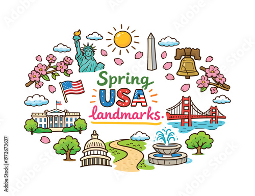 Spring USA landmarks. Hand drawn illustration of Spring USA landmarks. cherry blossom branch, sakura petals,
