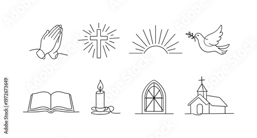 "Praying Hands with Cross and Sunlight". Minimalistic set one-line drawing praying hands, cross symbol, sun