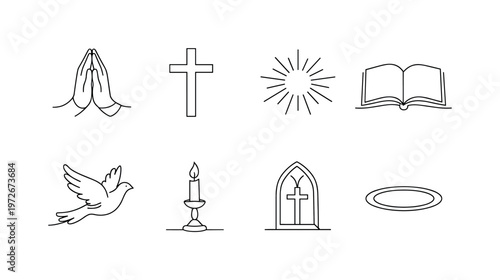 "Religious Worship and Light Symbolism". Minimalistic set one-line drawing praying hands, cross silhouette,