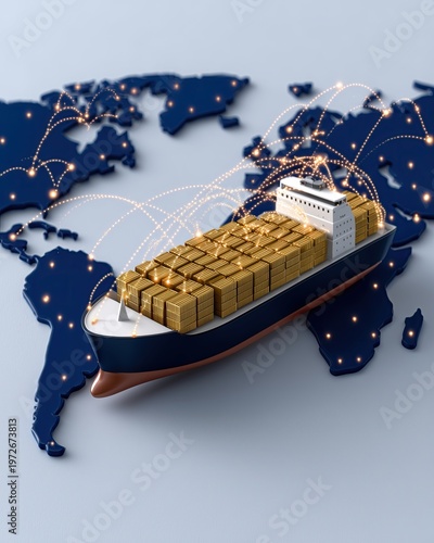 Global Supply Chain Visualization with Cargo Ship on 3D World Map and Network Connections
