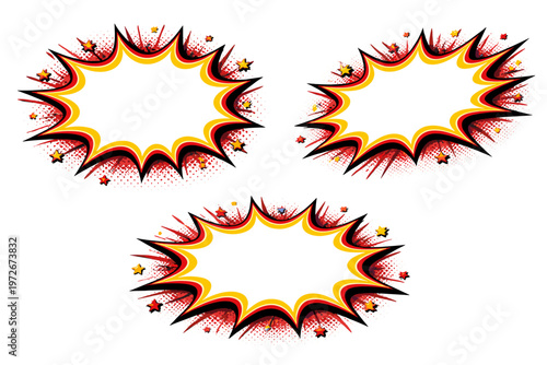 Set of three comic book style explosive burst labels with white negative space for text. Vibrant pop art design with jagged edges, halftone dots, stars, and red yellow color palette on white.