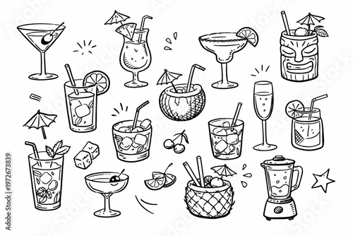 Hand Drawn Cocktail Sketch Set, Whimsical Food and Drink Doodles with Martini, Margarita, Tiki Mug, Coconut, Pineapple, and Blender. Vector Line Art for Bar Menu, Summer Party, and Restaurant.