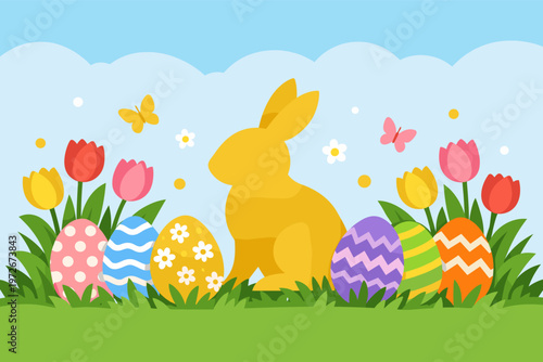 Happy Easter greeting card background featuring colorful decorated eggs, a golden bunny rabbit silhouette, spring tulips, butterflies, and green grass under a blue sky. Festive holiday vector.