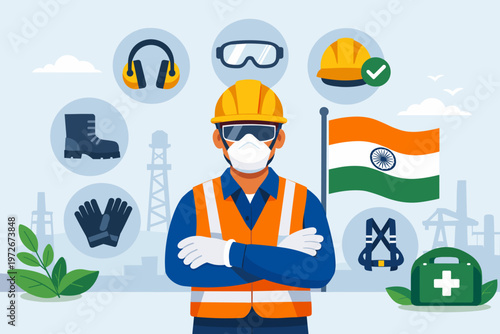 Indian industrial worker wearing full PPE gear including hard hat, safety vest, and mask, surrounded by protective equipment icons and the national flag of India in a factory setting background.