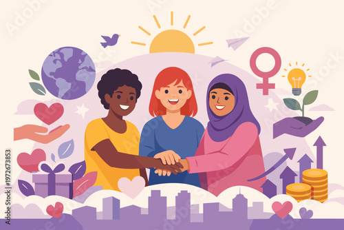 Empowering International Women's Day 2026 Vector Illustration for Give to Gain Campaign. Diverse Women Joining Hands for Equality, Inclusion, and Global Support with Symbols of Growth and Love.
