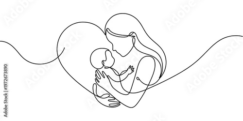 Continuous line drawing of a mother holding her baby in a heart