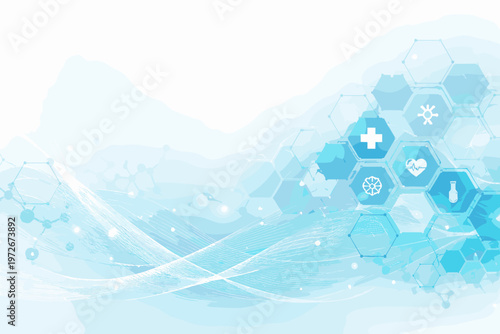 Abstract medical background with blue hexagonal patterns and healthcare icons like cross, heart, and molecule. Perfect for health care innovation, science technology, and medical research web headers.