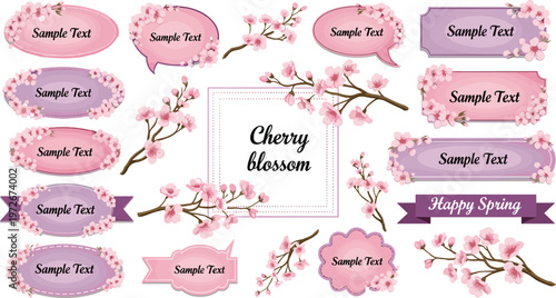 Cherry blossom frames and banners with sample text.