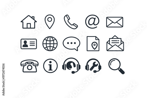 Collection of 15 minimalist black line icons for contact and website design featuring home, location pin, telephone, email address, globe, chat bubble, id card, support headset, and search icons.