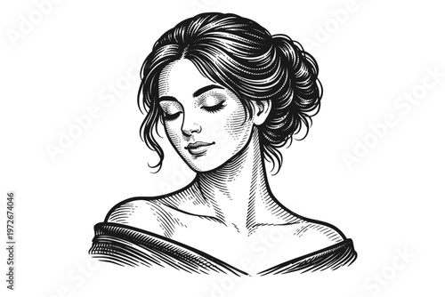 Elegant Young Woman with Closed Eyes and Soft Expression, Vintage Engraving Style Vector Illustration, Beautiful Girl Portrait with Hair in a Bun, Serene and Peaceful Face Sketch, Hand Drawn Art