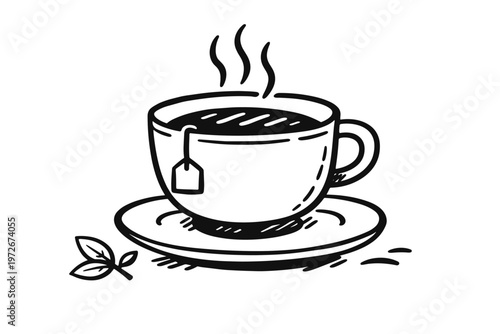 Hand-drawn tea cup doodle illustration featuring a tea bag, saucer, and rising steam. Simple black and white line art vector graphic for cafe menus, kitchen decor, and healthy lifestyle branding.