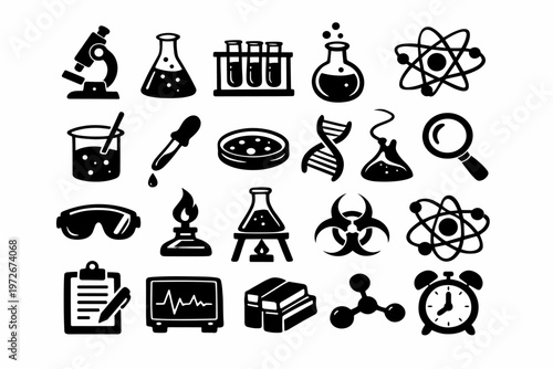 Science Laboratory Icons Collection in Hand Drawn Black Silhouette Style; Simple Flat Vector Illustration of Research Equipment, Microscope, Flask, Atom, DNA, Biohazard, and Chemistry Tools.