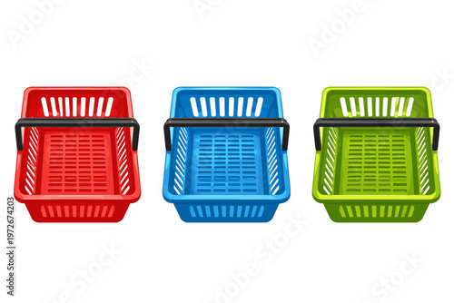 Set of three empty plastic shopping baskets in red, blue, and green colors, top view of supermarket grocery store baskets with black handles isolated on white background for retail commerce design.