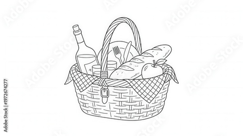 Vector Illustration Of Picnic Basket With Bottle And Fruits In Line Art Style