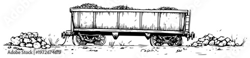 Railway freight wagon on tracks in ink sketch style
