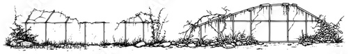 Greenhouse ruins with overgrown plants and vines in hand drawn style