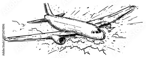 Commercial airplane flying through clouds and debris in dramatic hand drawn sketch style