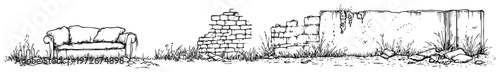 Abandoned sofa sitting near a ruined brick wall in a post apocalyptic landscape hand drawn sketch style