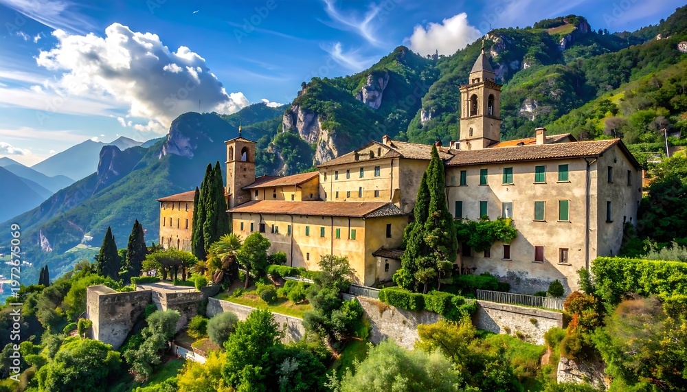 Obraz premium Sunny landscape showcases a historic stone building nestled among verdant trees and mountainous terrain under a blue sky