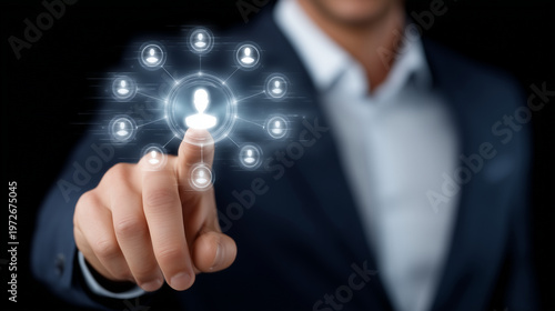 Corporate Leadership Dashboard with Team Icon, Businessman Using Tablet, Human Resources Interface, Employee Management System, Collaboration Analytics, Digital Workforce Strategy