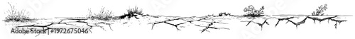 Parched earth surface with deep cracks and small desert shrubs in hand drawn doodle style