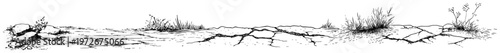 Cracked ground desert landscape with dry soil and sparse grass in hand drawn sketch style