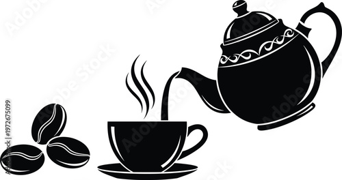 A black and white illustration depicts a teapot pouring into a cup alongside three coffee beans high quality professional detailed modern elegant stylish
