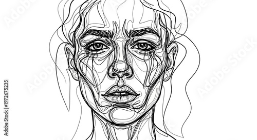 Expressive line art portrait of a woman's distressed face, depicting sadness, emotional struggle, mental health, and despair.