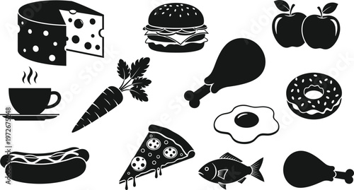 A collection of various food items is displayed in black and white including cheese a burger fruit and more high quality professional detailed