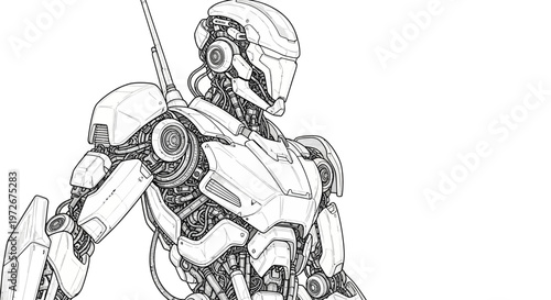 Detailed line art illustration of a futuristic humanoid robot. Advanced bionic mechanical design, sci-fi concept art, technology.
