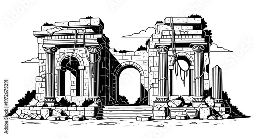 Detailed black and white illustration of ancient stone ruins with crumbling columns and arches, historical architecture concept art