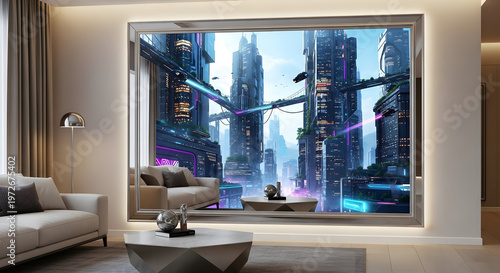 Futuristic Cyberpunk Cityscape Digital Art Displayed in Modern Luxury Living Room