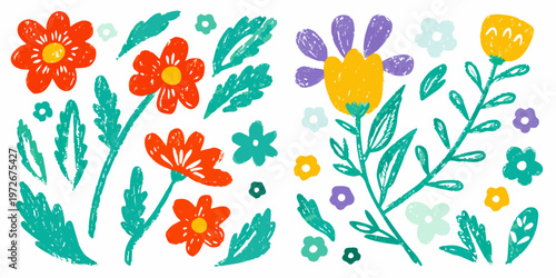 Colorful childlike drawing of various flowers and leafy green stems