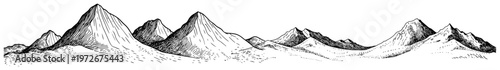 High mountain range panorama with rocky summits and ridges in hand drawn sketch style