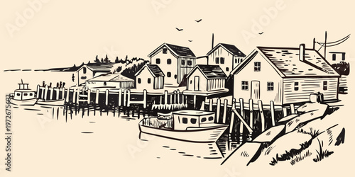 Coastal village scene with sketched houses boats and a waterfront view