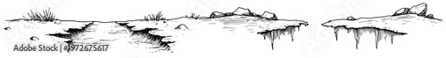 Floating rock islands and broken ground landscape in minimalist doodle style