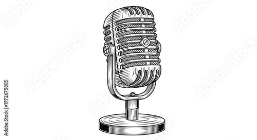 Vintage retro studio microphone engraving illustration. Hand drawn sketch of classic sound recording broadcast mic.