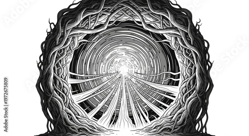 Abstract Root Tunnel Portal with Bright Light, Intricate Organic Design, Monochrome Illustration, Mysterious Fantasy Journey