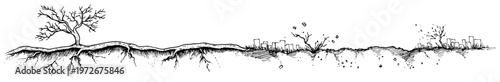 Ground cross section with bare trees roots and city skyline in hand drawn sketch style