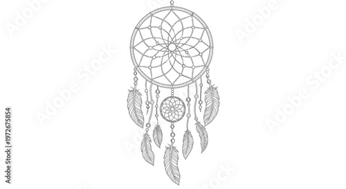 Intricate Dreamcatcher Line Art Illustration with Feathers. Bohemian Spiritual Amulet Drawing. Protection Symbol Vector.
