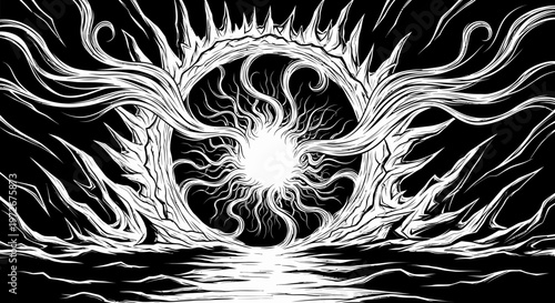 Mystical black and white illustration of a glowing ring of light with abstract ethereal energy and organic tendrils, fantasy art.