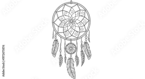 Intricate black and white line art illustration of a dreamcatcher with feathers, bohemian style, tribal spiritual amulet design