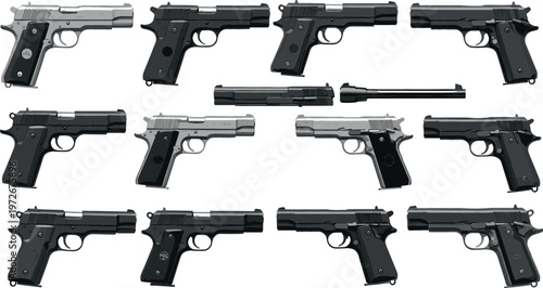 High-quality collection of 12 1911-style pistols in a 3x4 grid showing various slide colors and angles for product catalog photography
