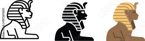 Great Sphinx of Giza icon set featuring ancient Egyptian landmark illustrations in outline solid silhouette and flat color styles for history and travel design.
