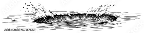 Water splash with circular crater and spray in hand drawn ink style