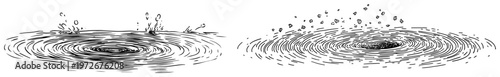 Circular water ripples and surface splashes in minimalist sketch style