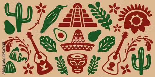 A vibrant collection of iconic symbols representing mexican culture and heritage
